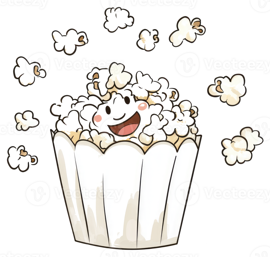 Smiling cartoon popcorn overflowing from a white paper container png