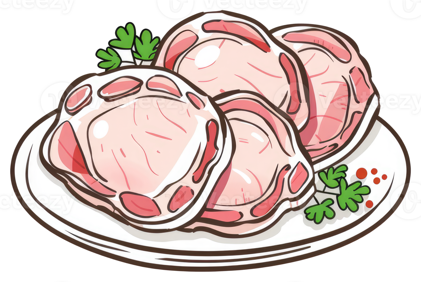 Illustration of sliced meat arranged attractively on a white plate png