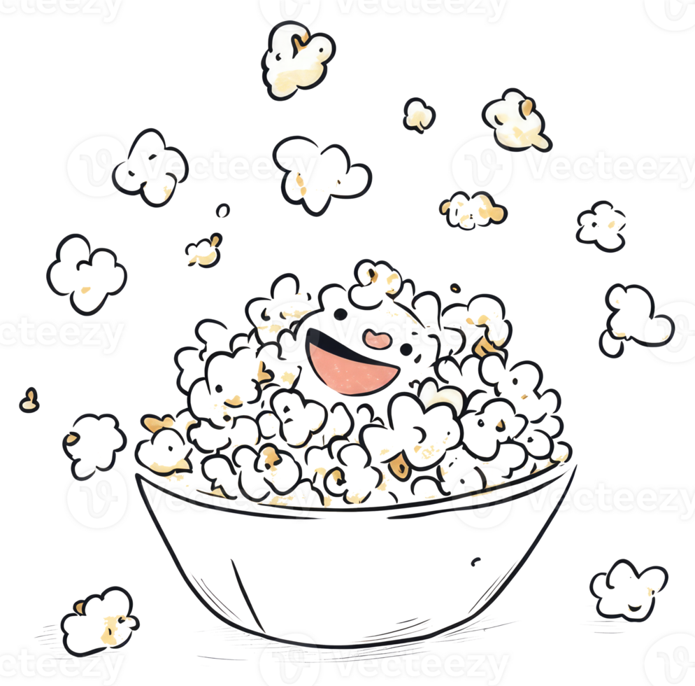 A cartoon depiction of popcorn in a white bowl smiling png