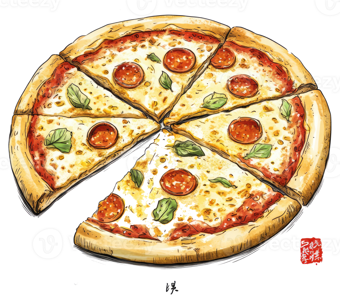 A delicious hand drawn pizza sliced into multiple easy portions png
