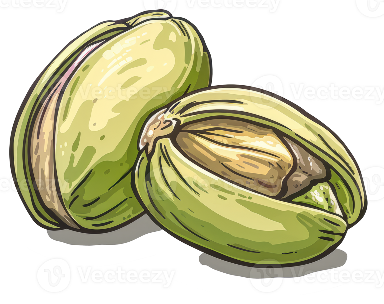 Two green pistachios are shown open and one is closed png