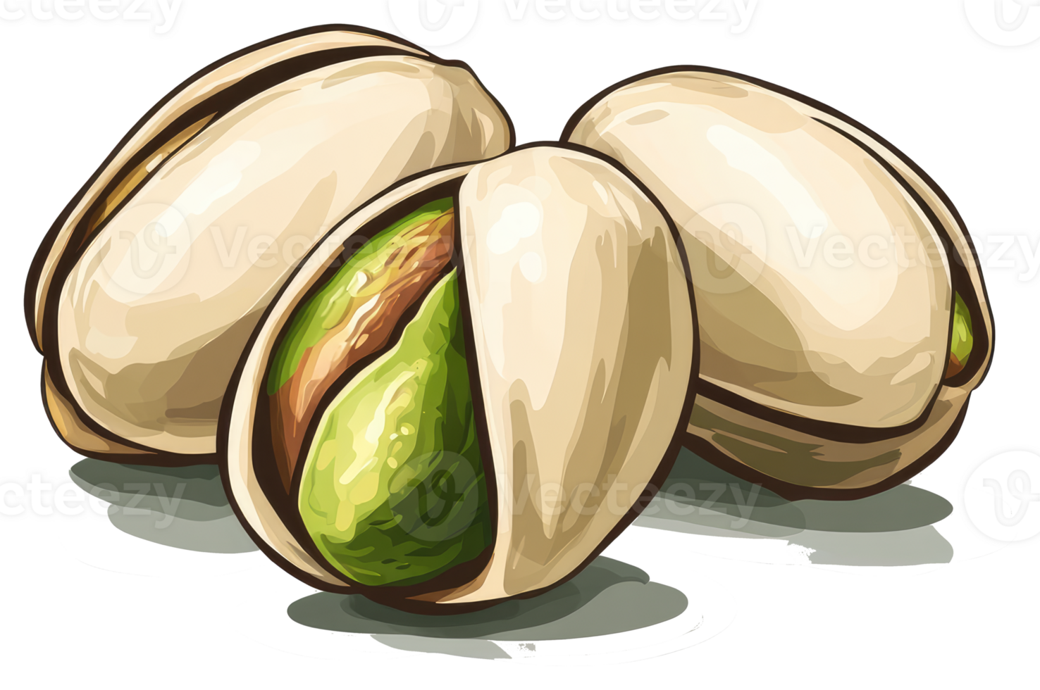 Three shelled pistachios arranged against a white background appear realistic png