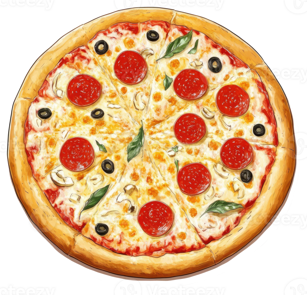 Delicious freshly baked pizza topped with various savory ingredients png