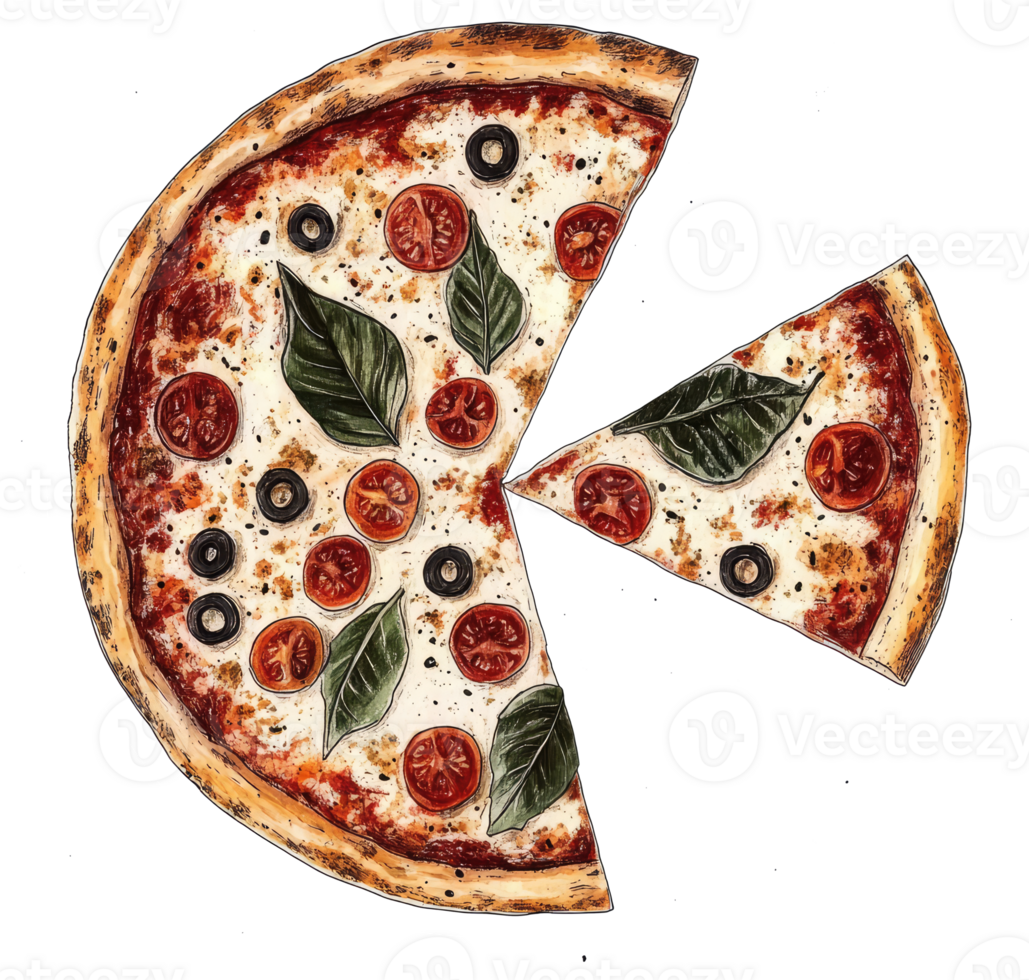 An artistic illustration depicts a delicious pizza with fresh ingredients sliced png