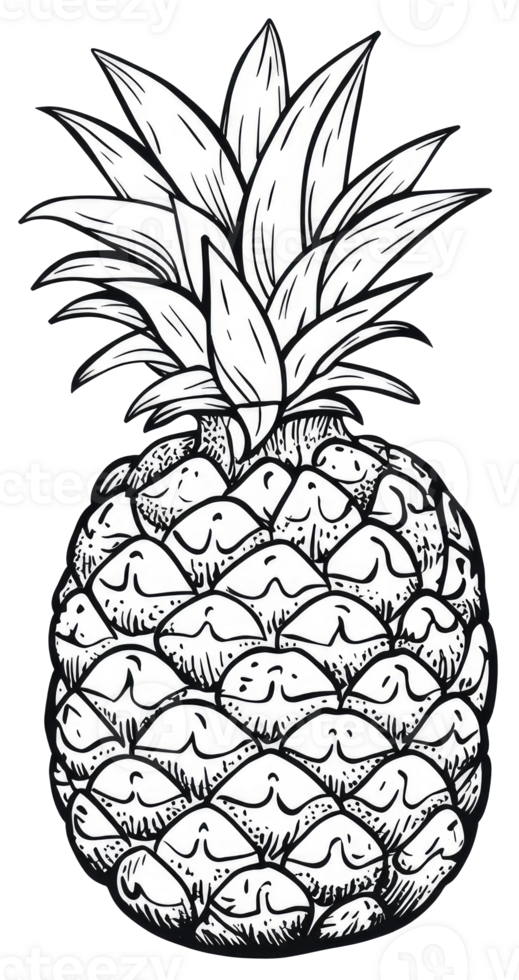 A detailed line drawing depicting an entire ripe pineapple fruit png