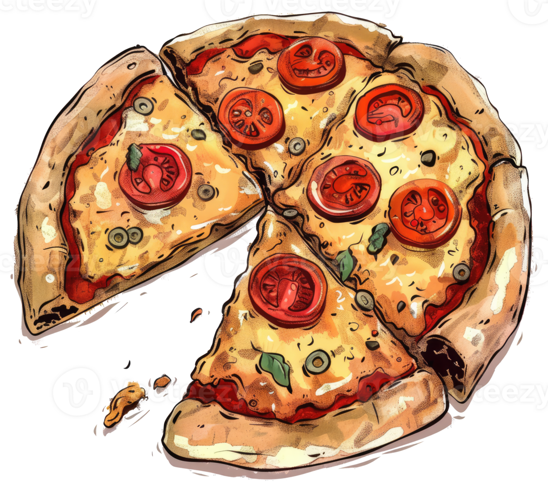 An appetizing depiction of a sliced tomato and olive topped pizza png