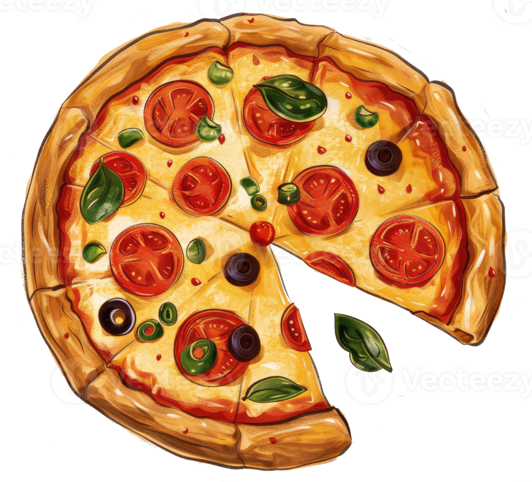 A delicious freshly baked pizza with colorful toppings and sliced off piece png
