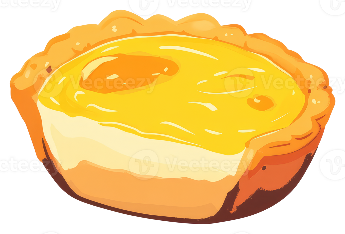 A delicious small egg tart with golden custard filling is shown png