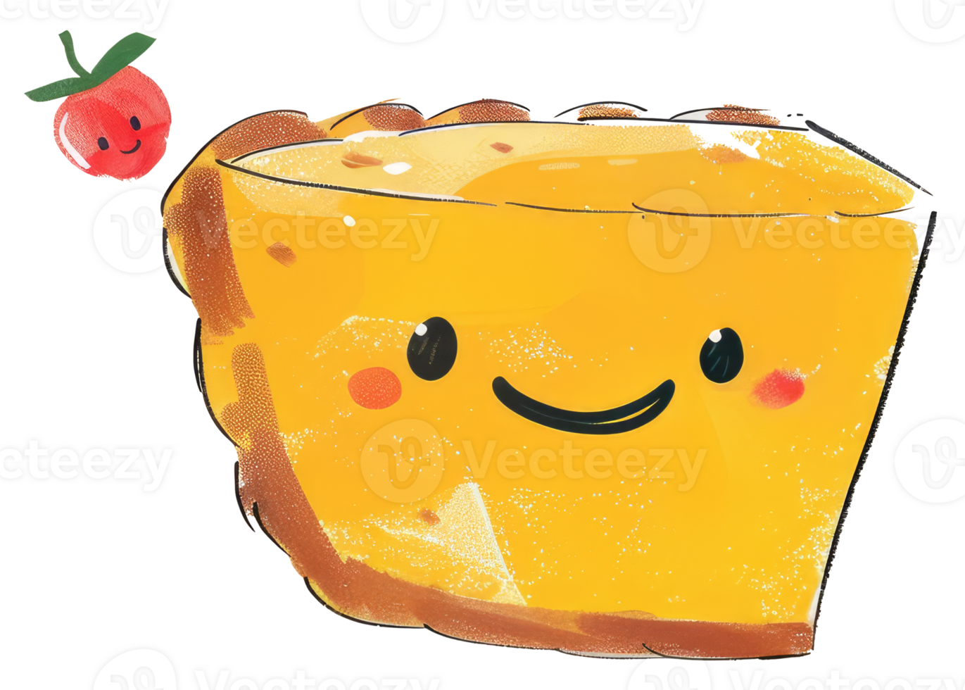 An adorable smiling cartoon pie with a friendly tomato png