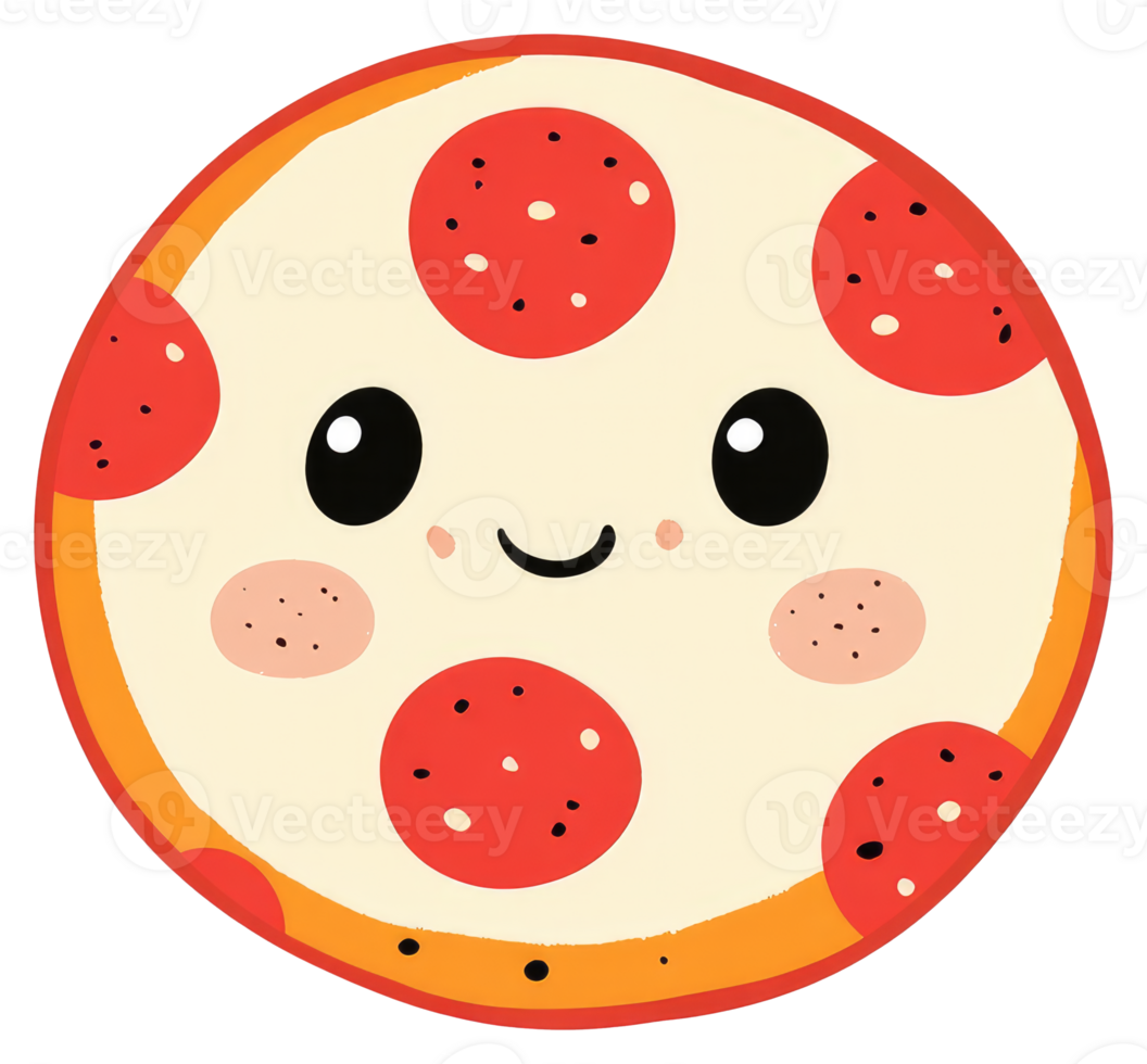 A cheerful cartoon pizza with pepperoni toppings and a smiley face png