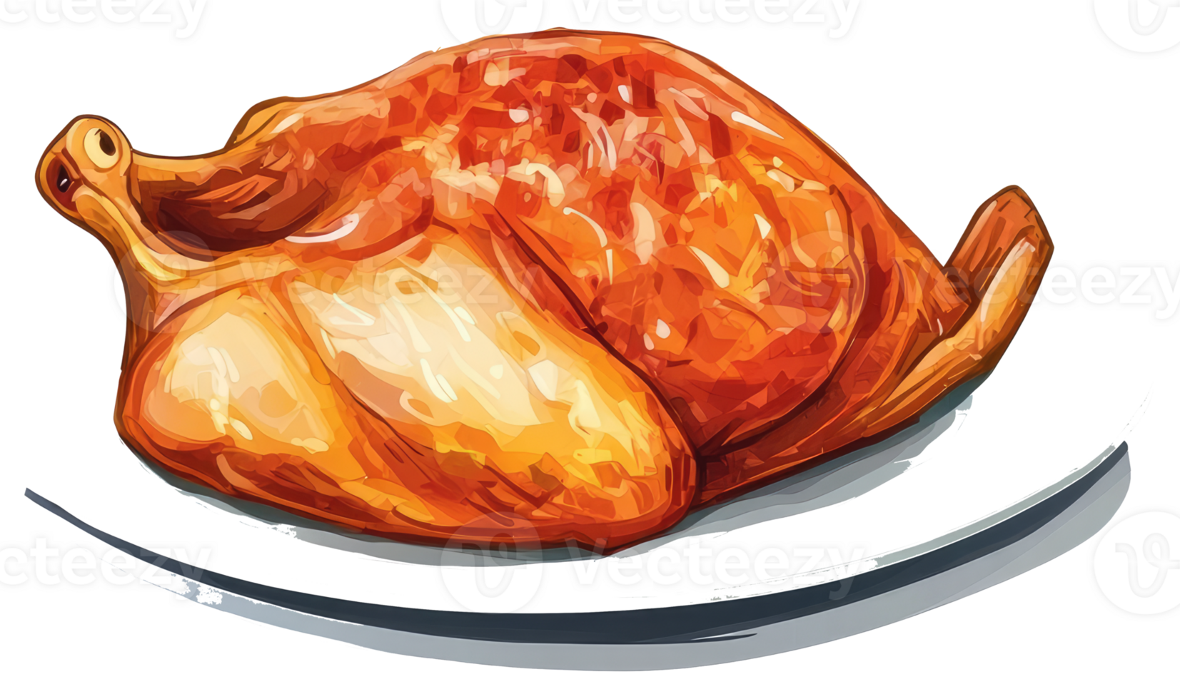 A whole roasted golden brown chicken sits on a white plate png