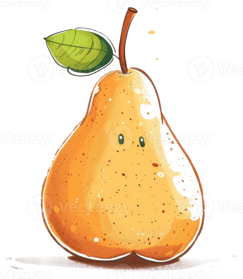 A cheerful animated pear fruit with a green leaf and stem png