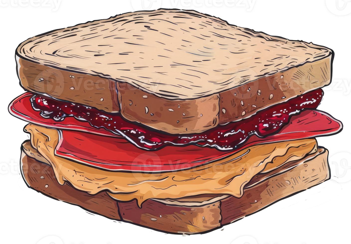 A delicious looking sandwich with peanut butter and jelly filling png