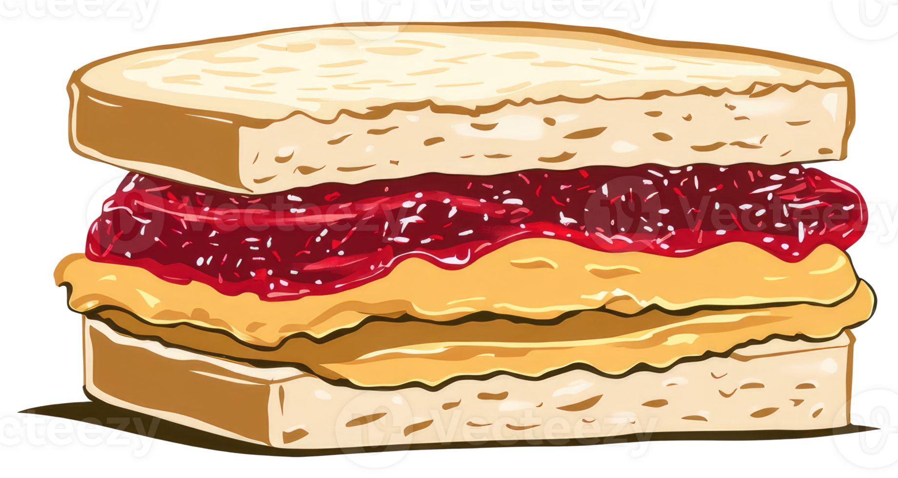 Delicious sandwich comprising of peanut butter and red jam fillings between bread png