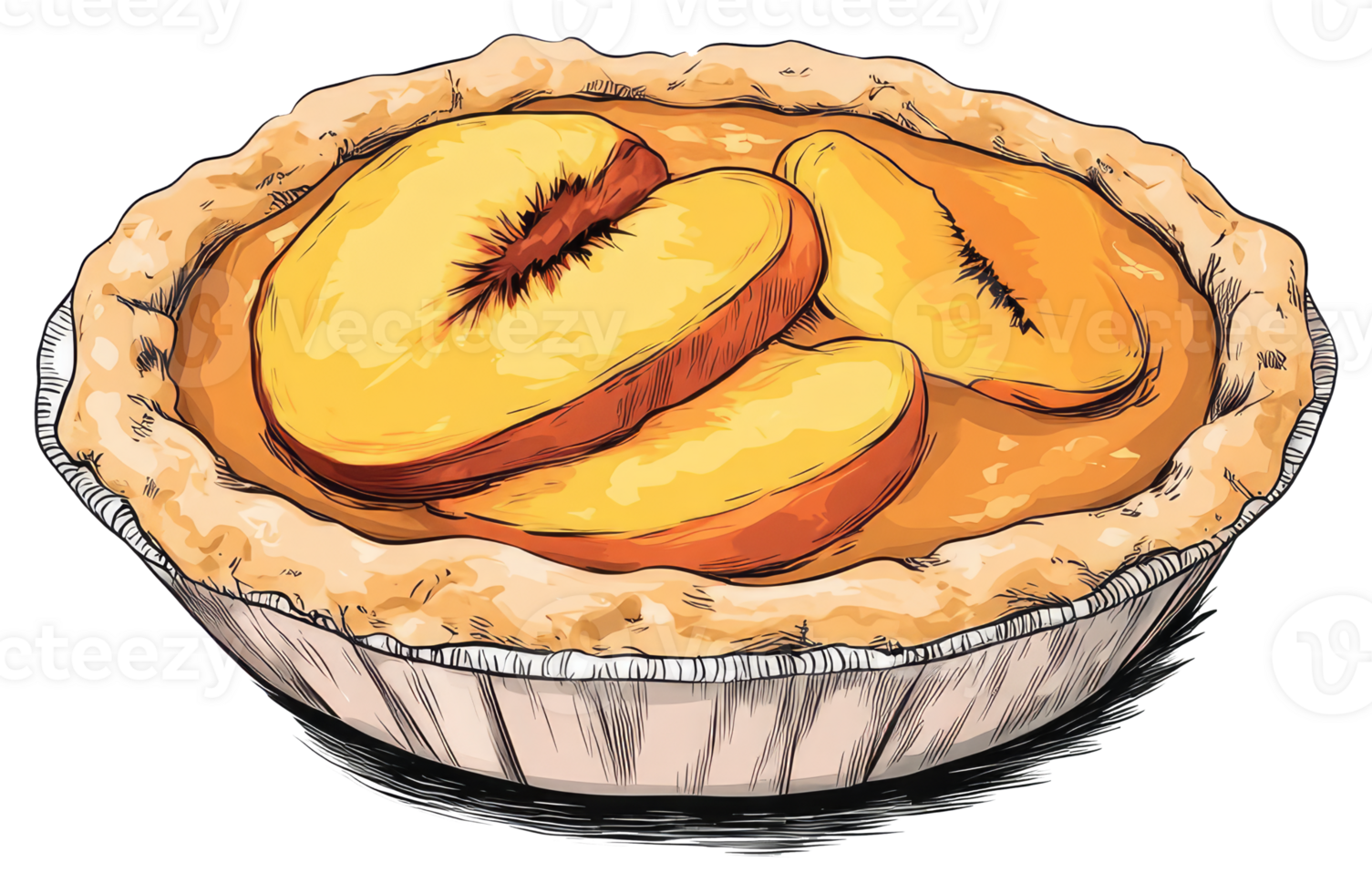Delicious baked peach pie presented in a disposable aluminum container png