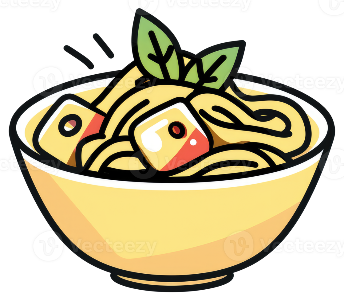 A bowl of noodles with toppings and some fresh basil leaves png