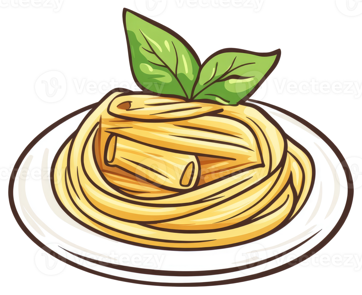 A plate of cooked pasta adorned with fresh green basil leaves png
