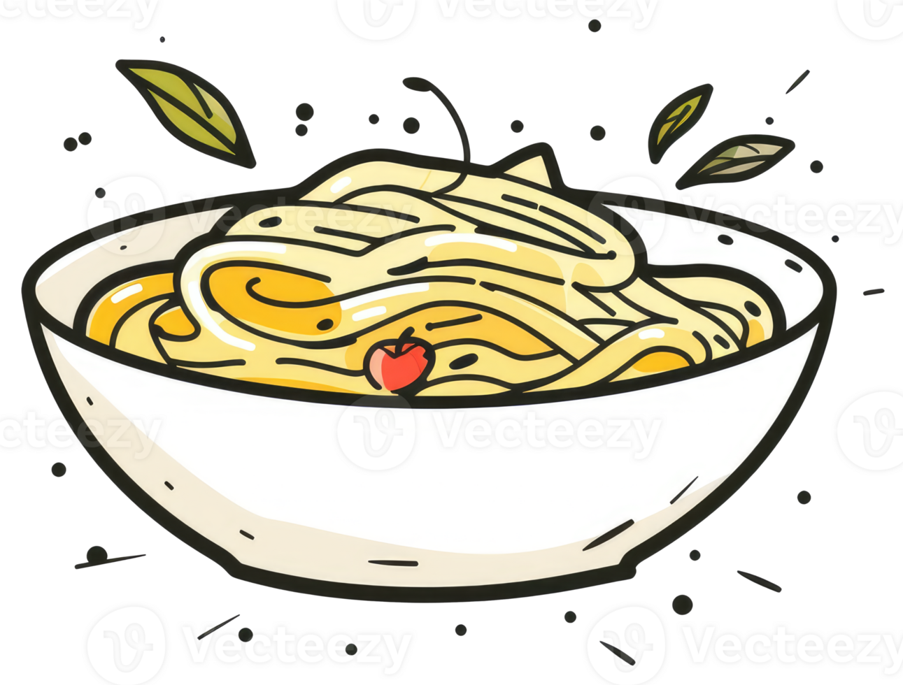 A bowl filled with yellow noodles garnished with a cherry png