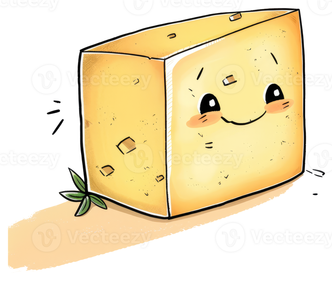 A cute cartoonish cheese block with friendly smiling facial features png