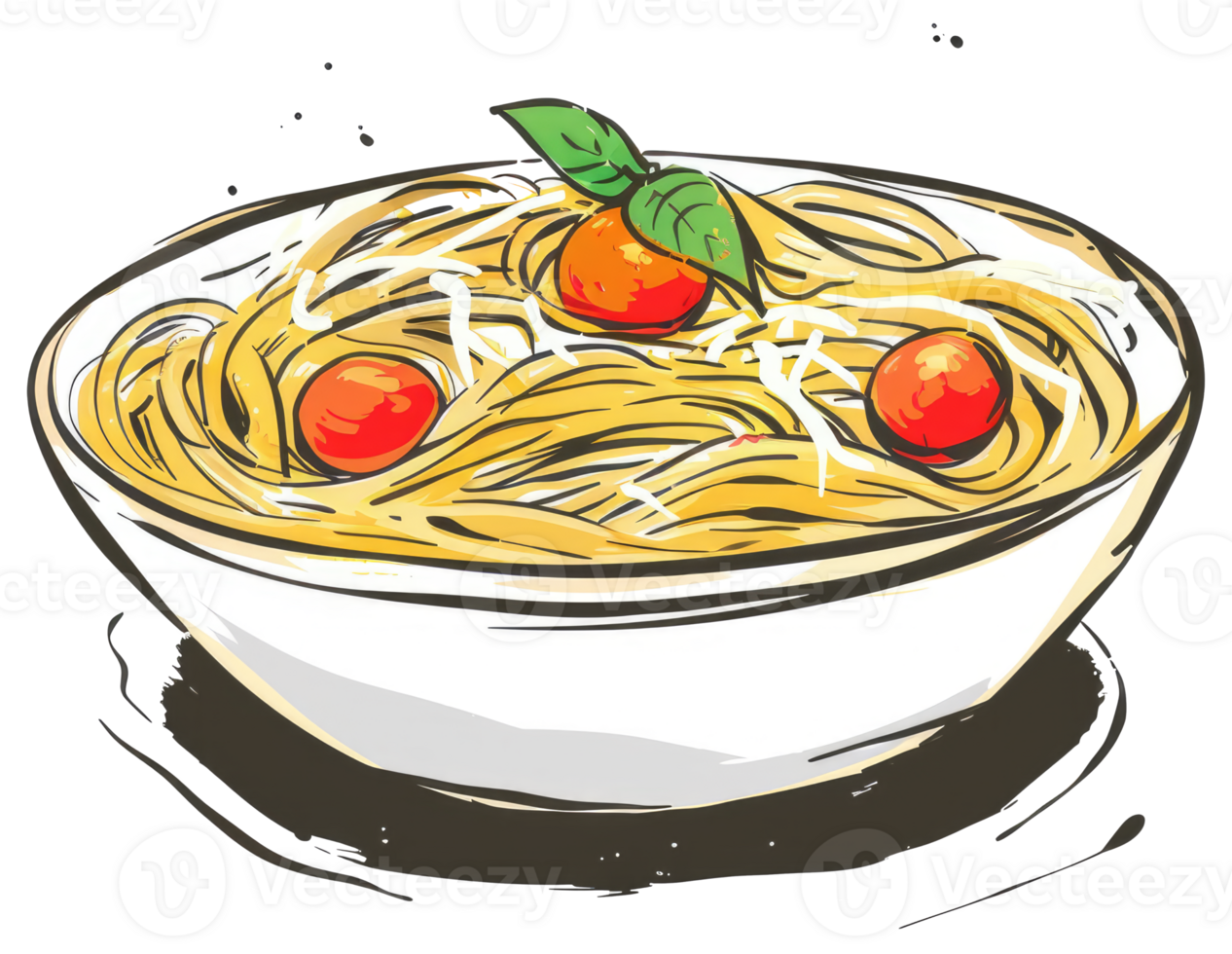 Delicious Spaghetti Pasta Served With Tomato and Basil in a Bowl png