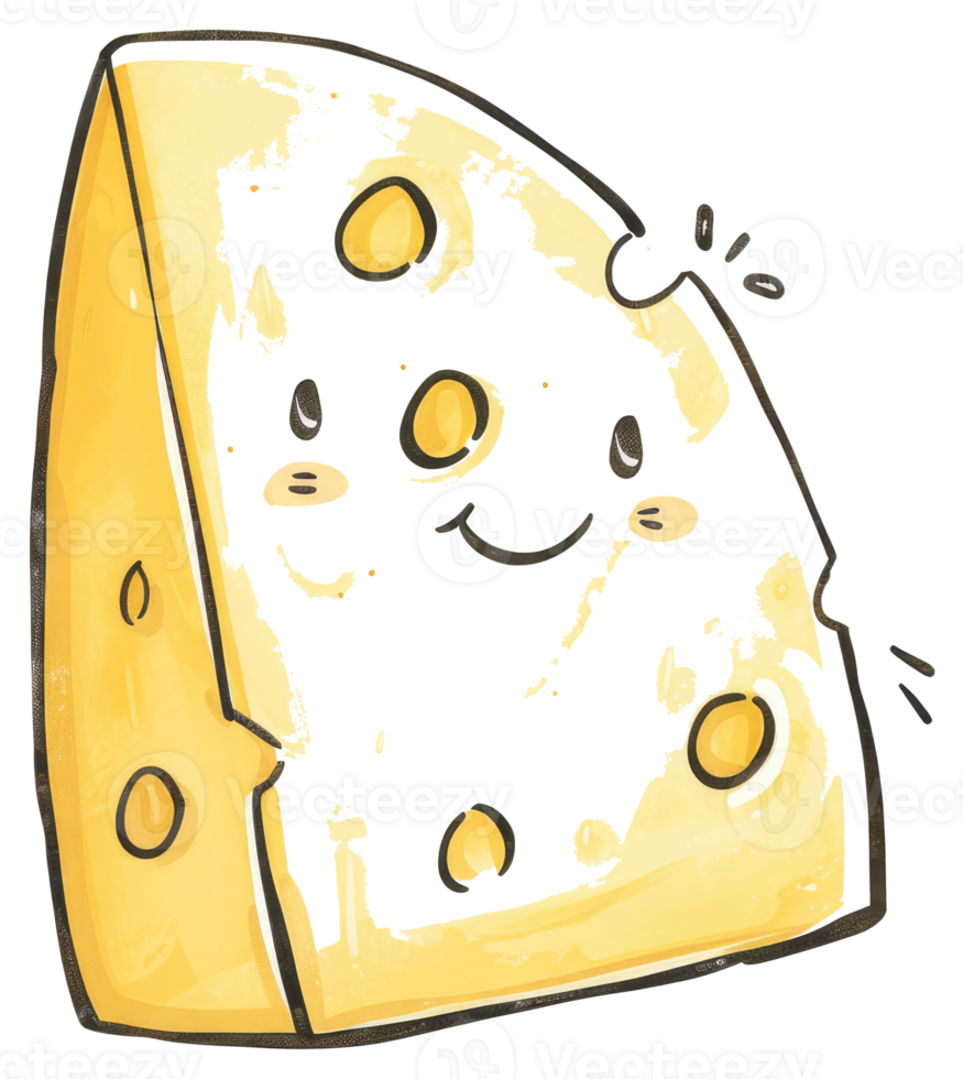 A cute and smiling cartoon wedge of yellow swiss cheese png