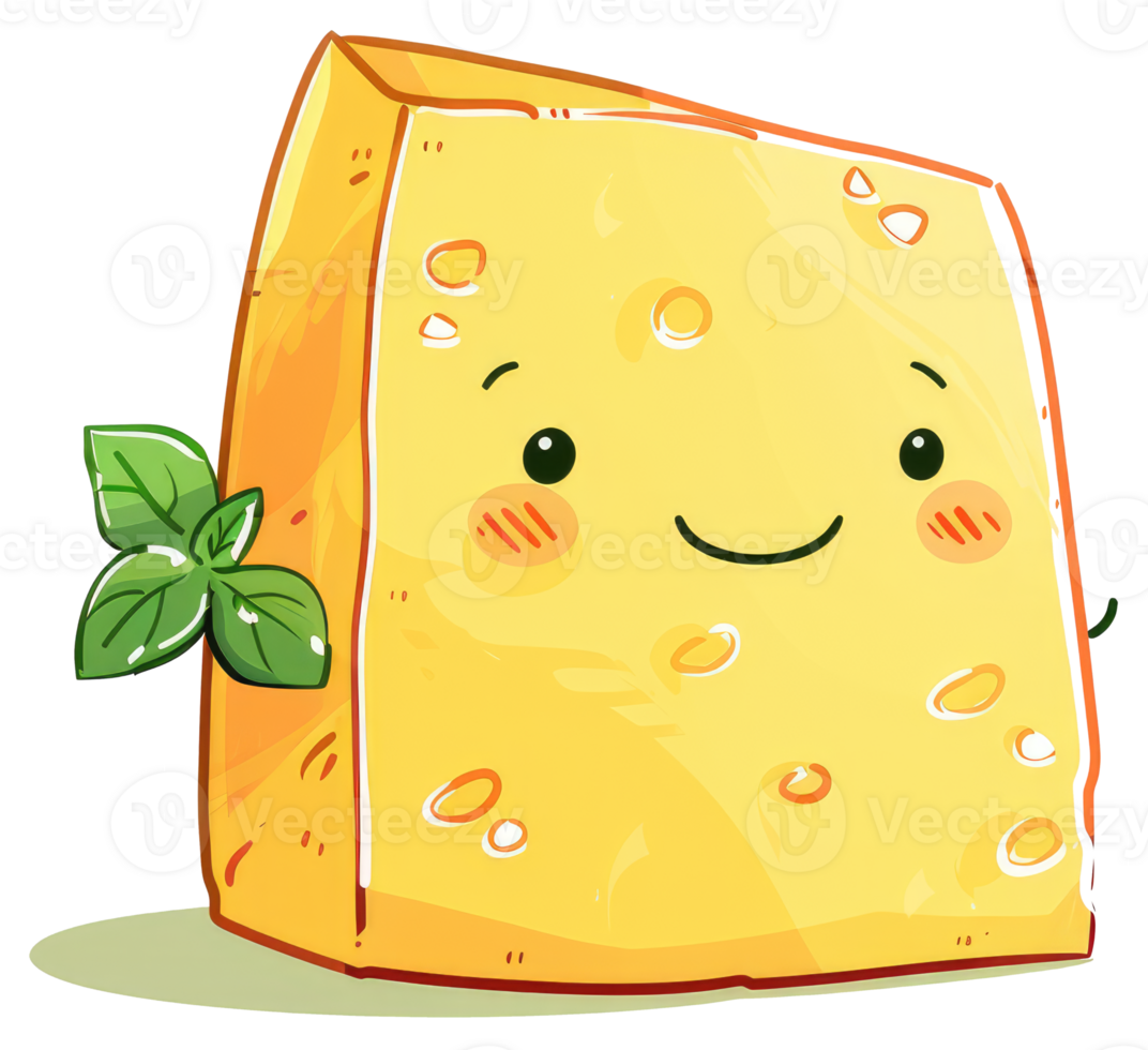 Smiling Animated Cheese Wedge with Some Fresh Green Herbs png