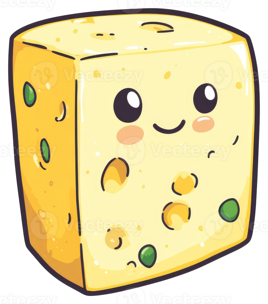 A cartoon illustration of a smiling block of yellow cheese png