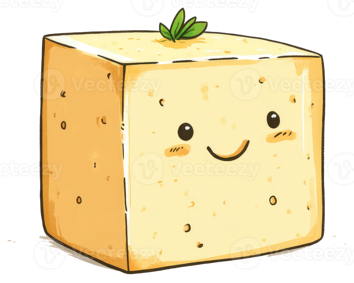 A cute smiling tofu block character with plant decoration on top png