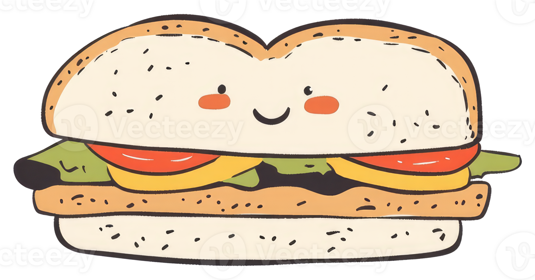 A smiling cartoon sandwich with various ingredients inside of it png