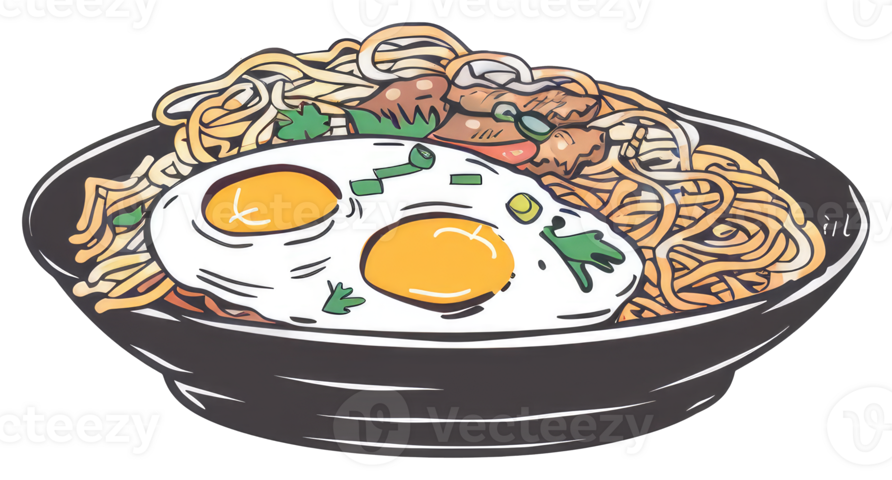 Delicious Bowl Of Noodles Served With Fried Eggs And Meat png
