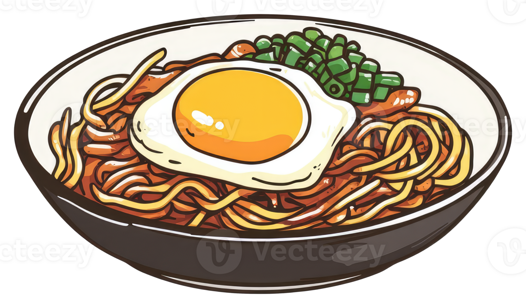 A Bowl Of Noodles Topped With Fried Egg And Garnish png