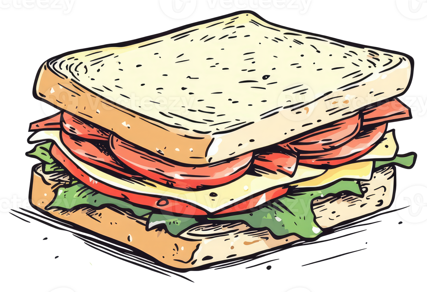 A colorful illustration depicts a layered sandwich with various ingredients png