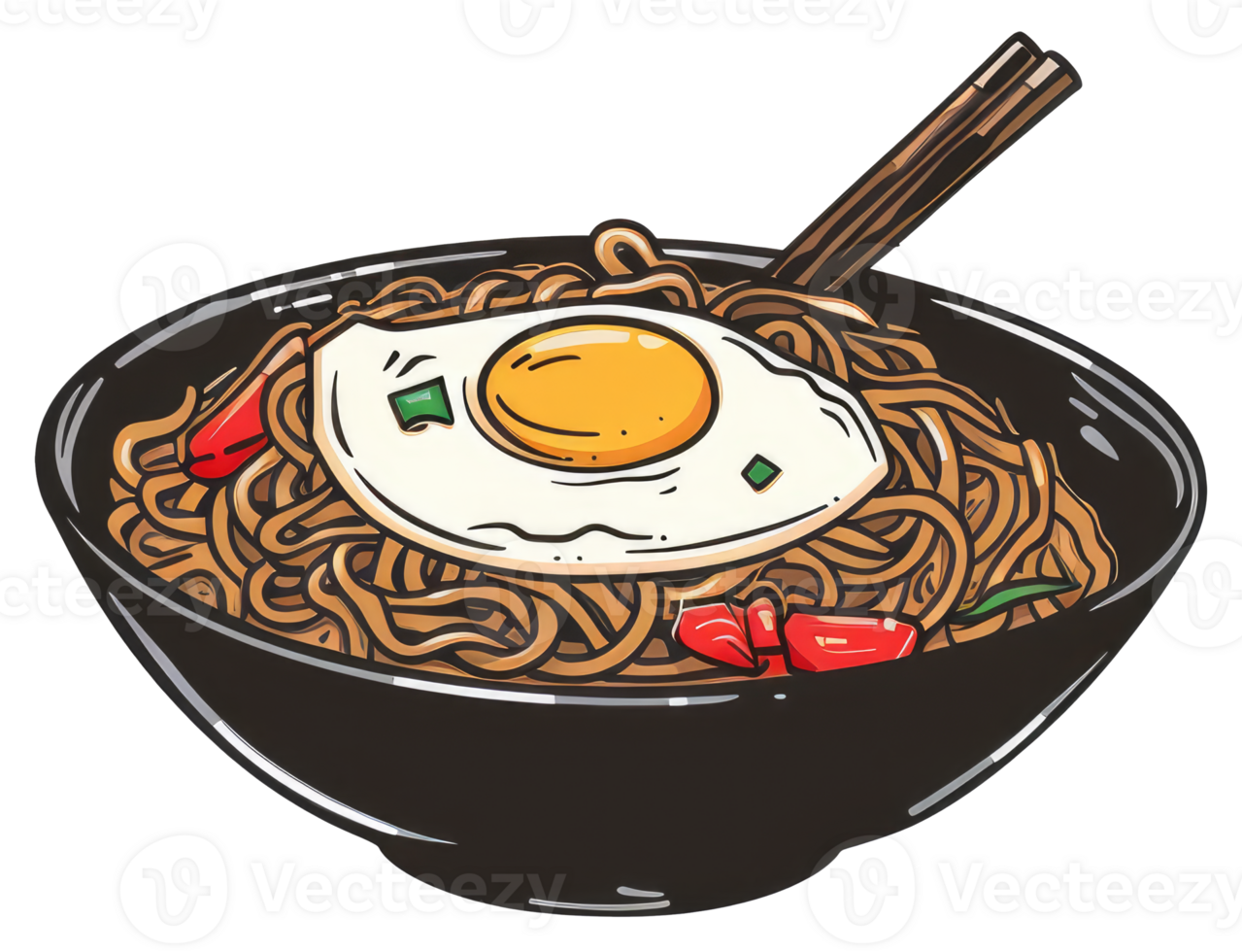 A black bowl of noodles with an egg and chopsticks png