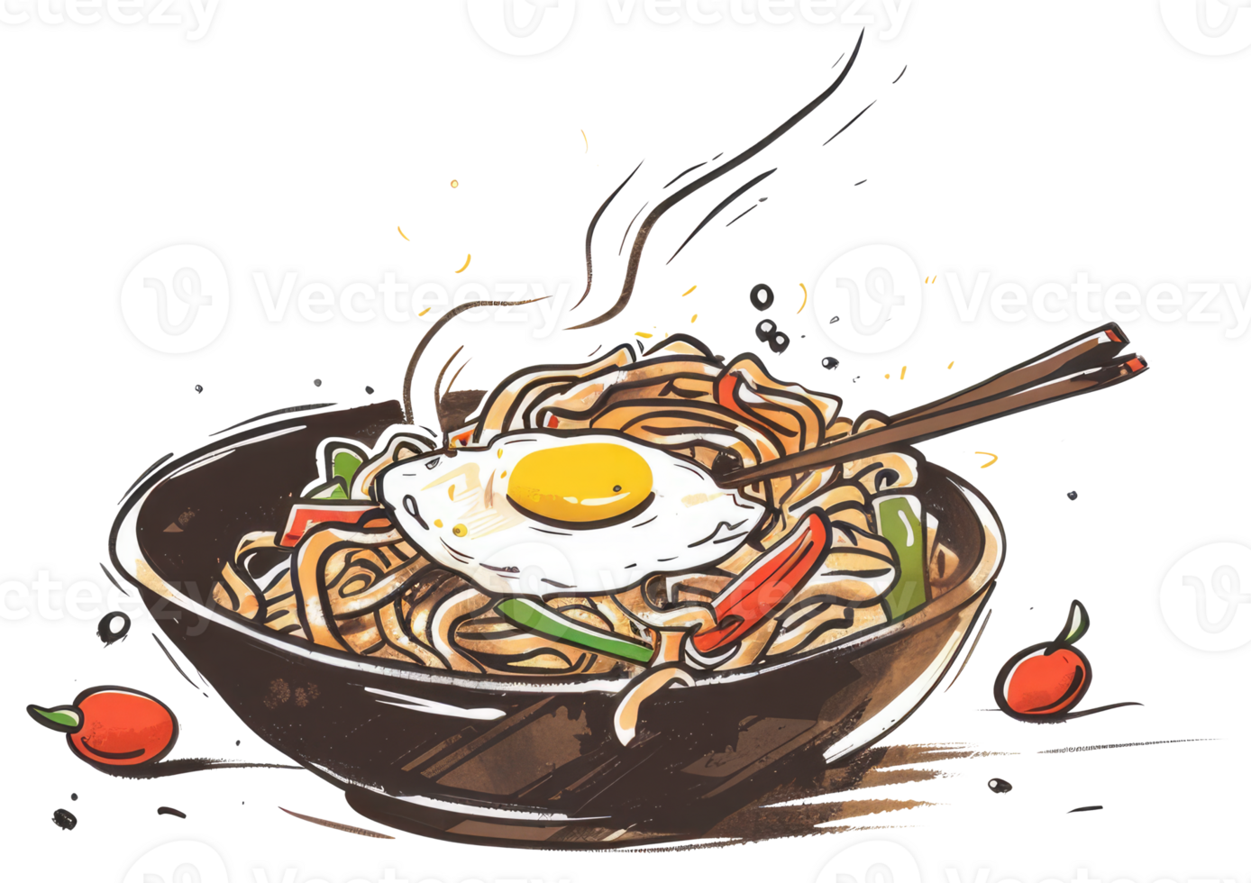 A bowl of noodles with fried egg and vegetables illustrated png