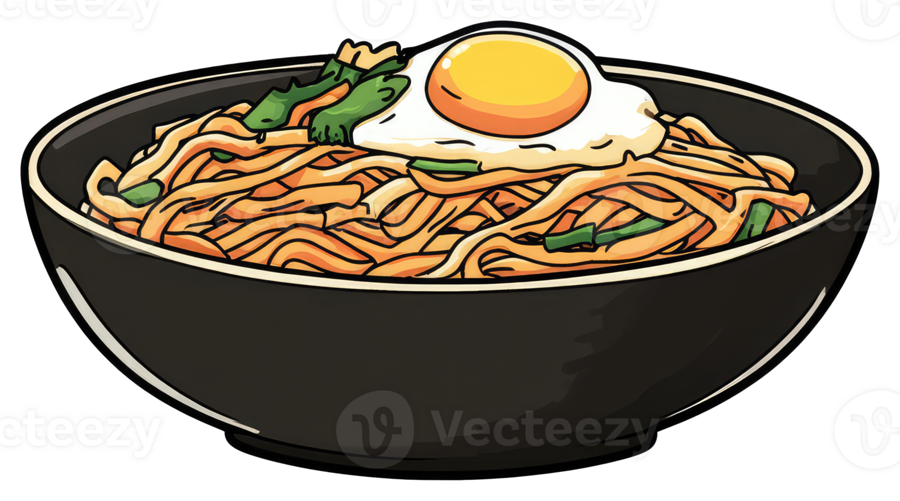 Delicious bowl of noodles topped with fried egg and greens png