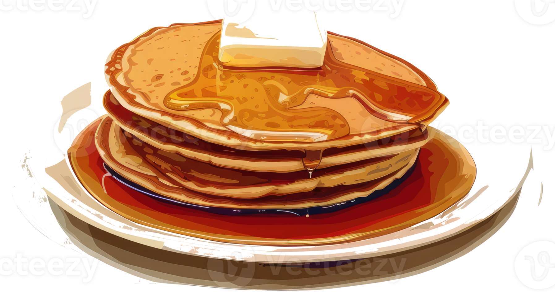 A stack of breakfast pancakes with butter and syrup on a plate png