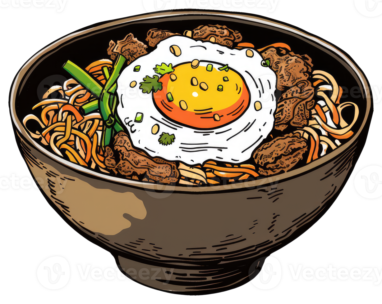 A bowl of noodles topped with a fried egg and meat png