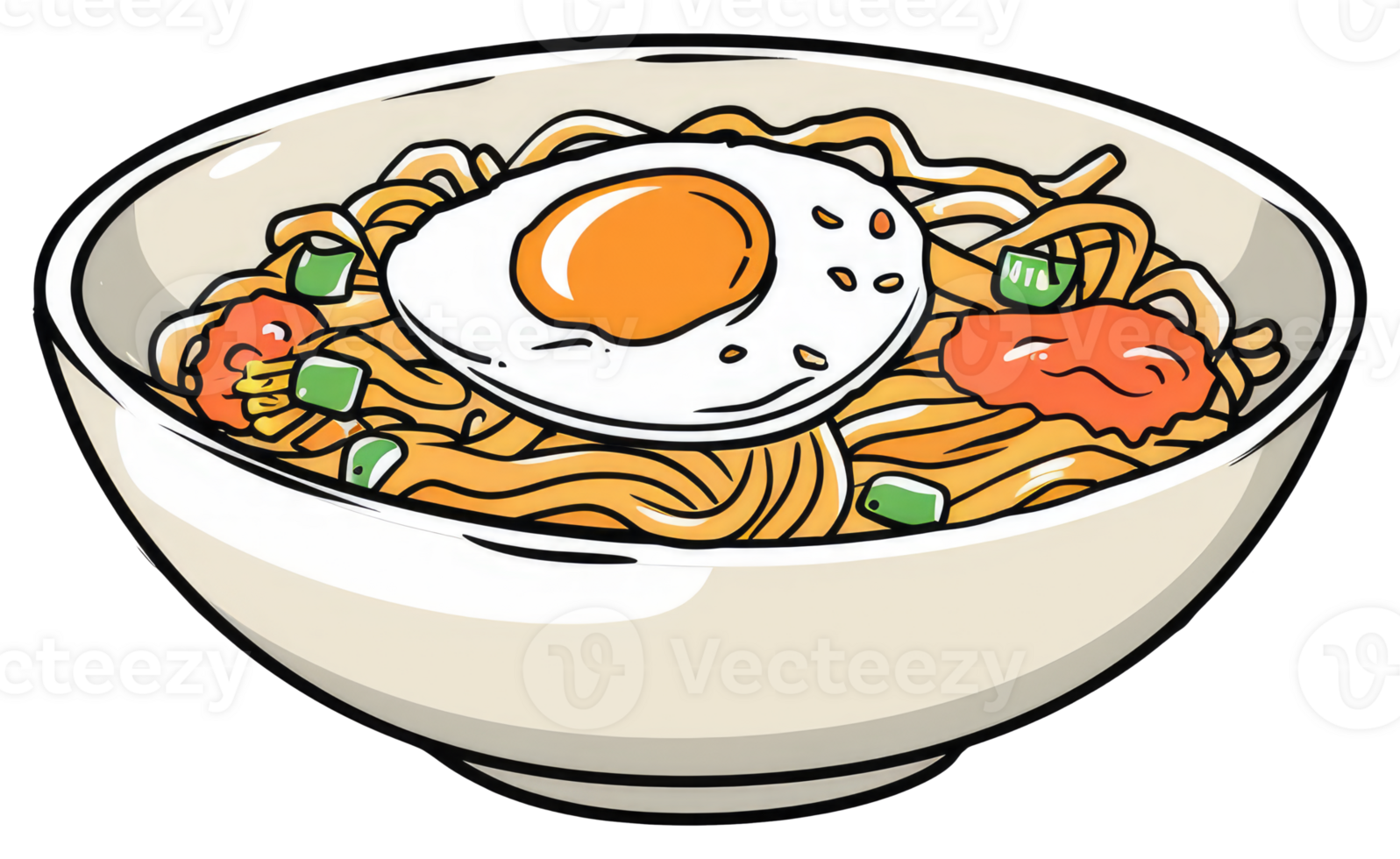 A Bowl Of Noodles Served With Fried Egg On Top png