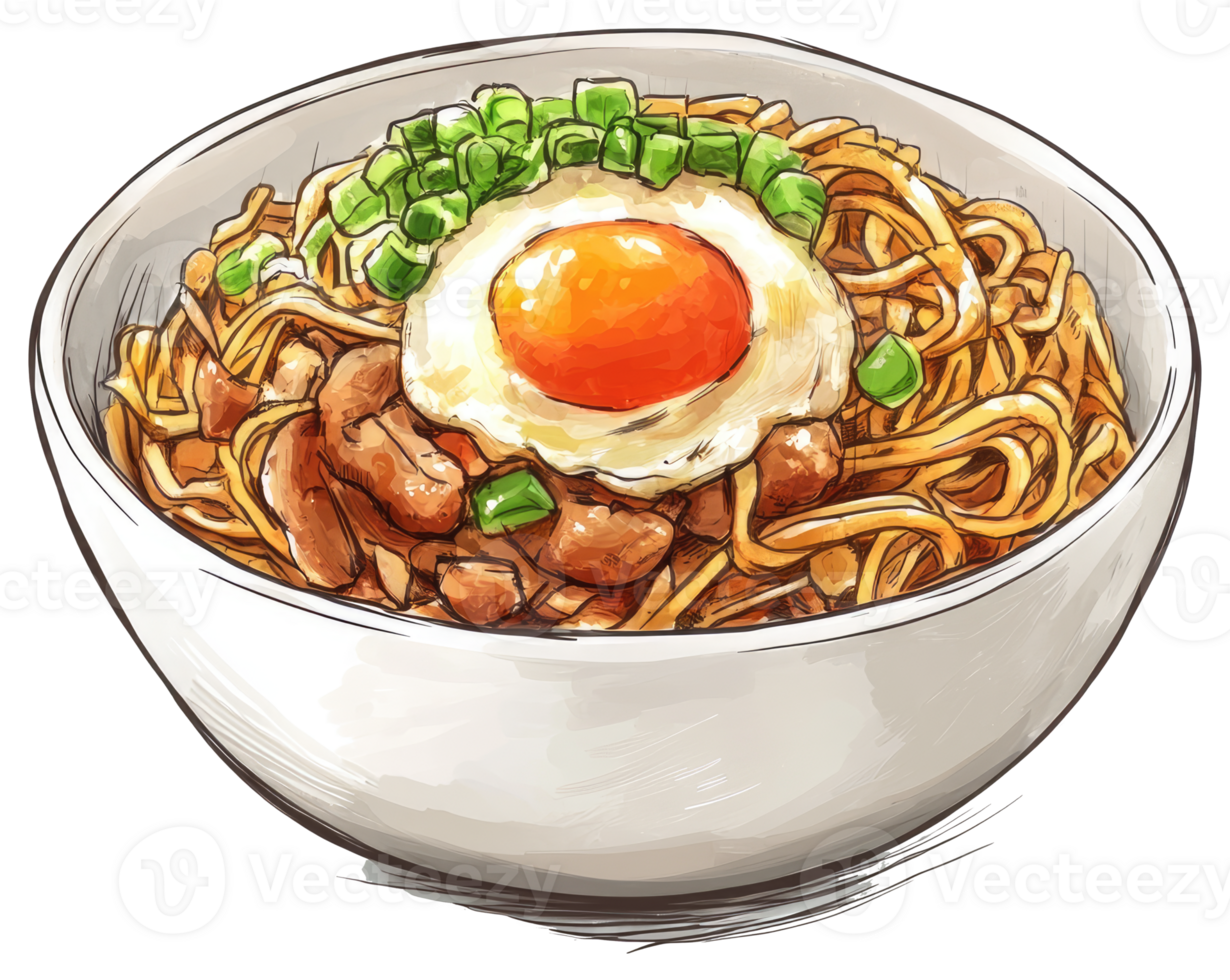 A detailed illustration of noodles with a fried egg in a bowl png