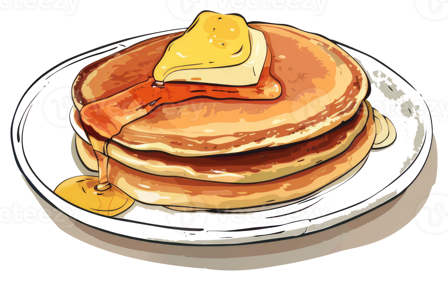 Stack of pancakes topped with butter and syrup on white plate png