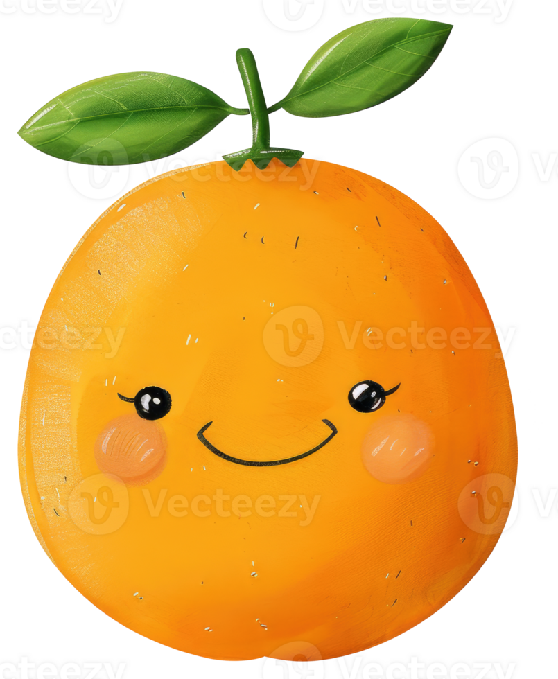 A happy cartoon citrus fruit with green leaves and eyes png