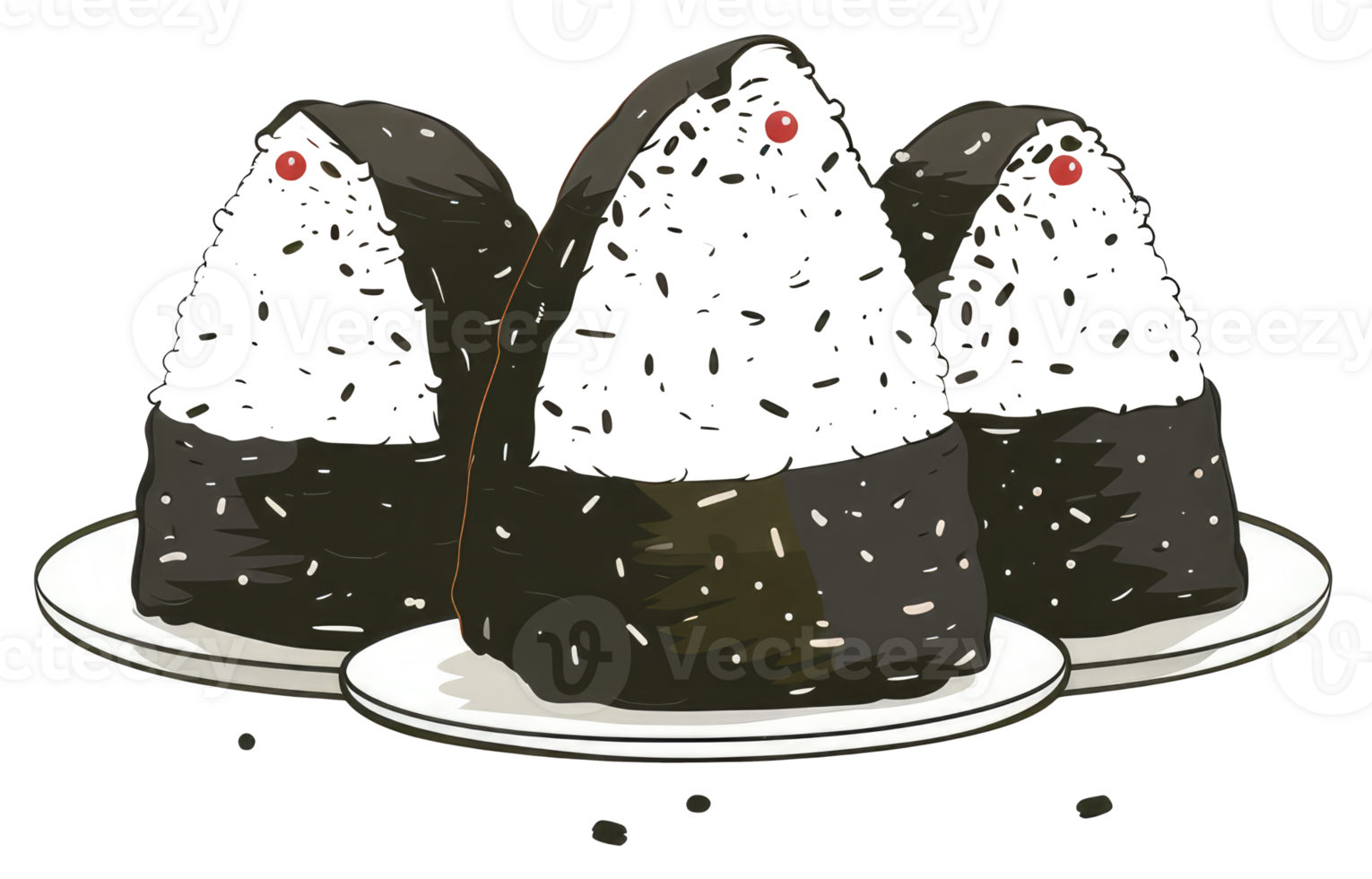 Illustration Of Three Rice Balls Served On White Plates png