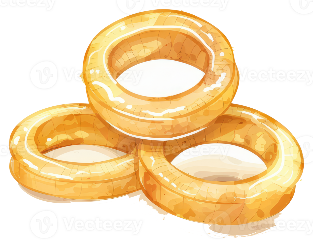 Three golden baked rings arranged in a stack on a white background png
