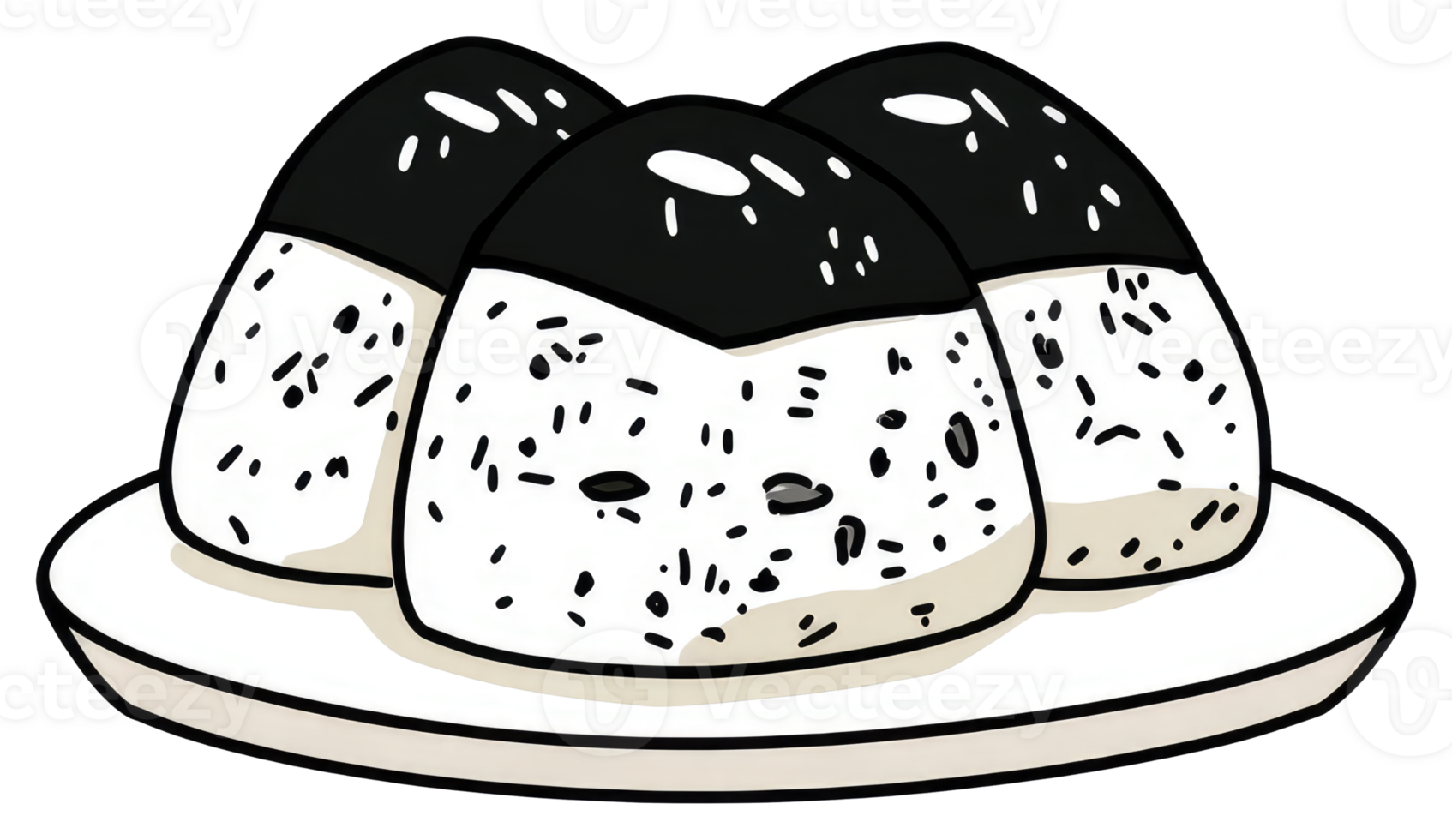 Three Japanese rice balls with black seaweed garnish on a plate png