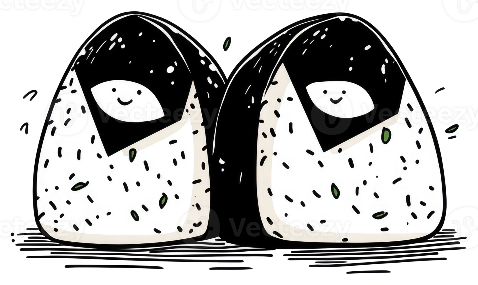 Two cartoonish triangular rice balls with friendly happy faces png