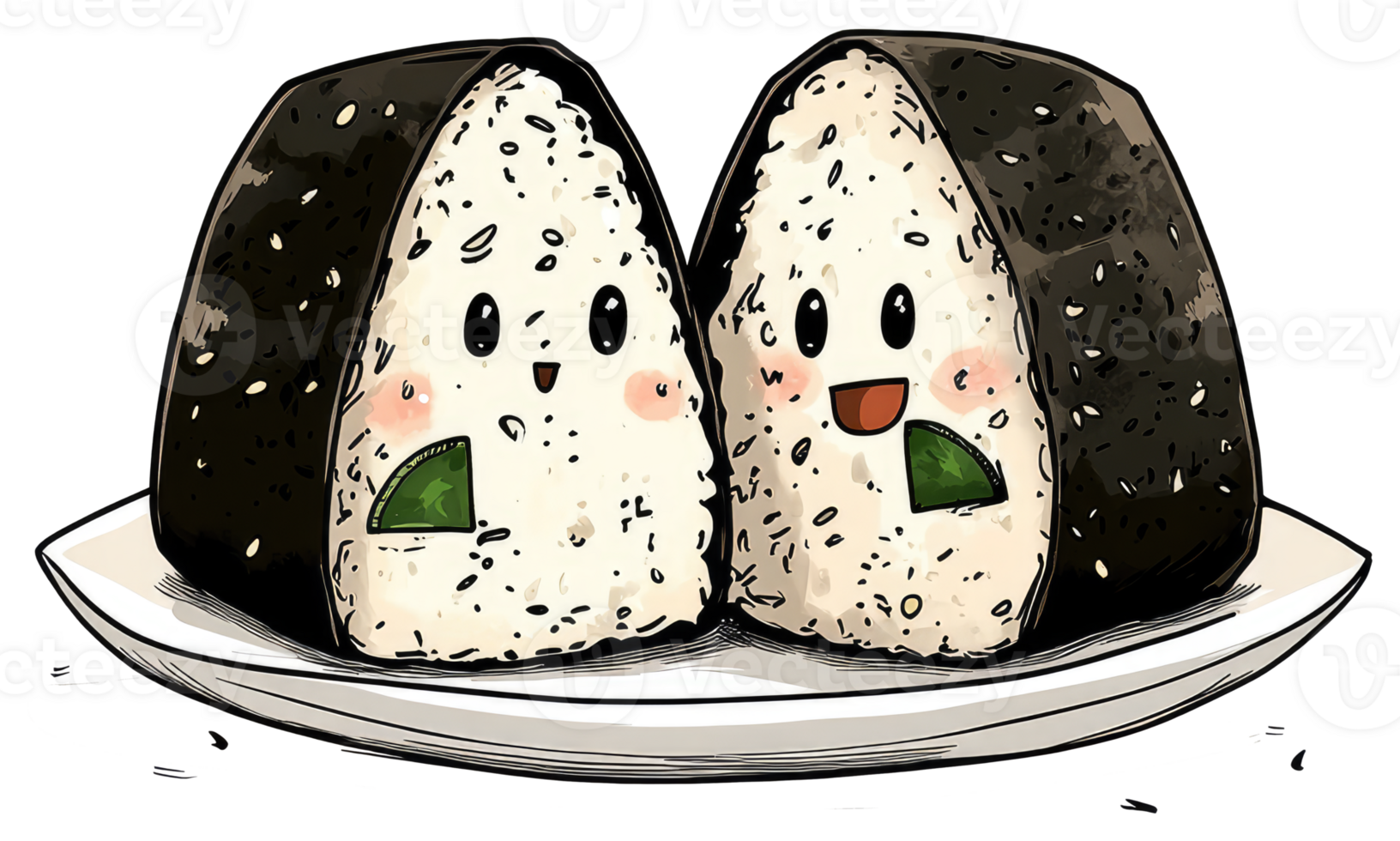 Two smiling rice balls with faces on a white ceramic plate png
