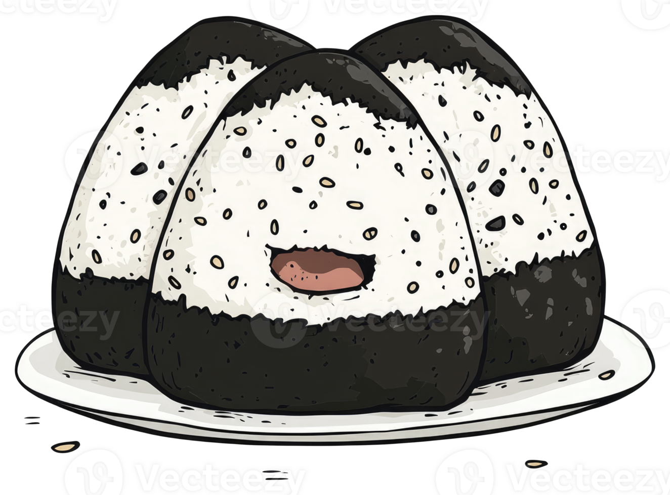 Three rice ball shaped food items on a white plate png