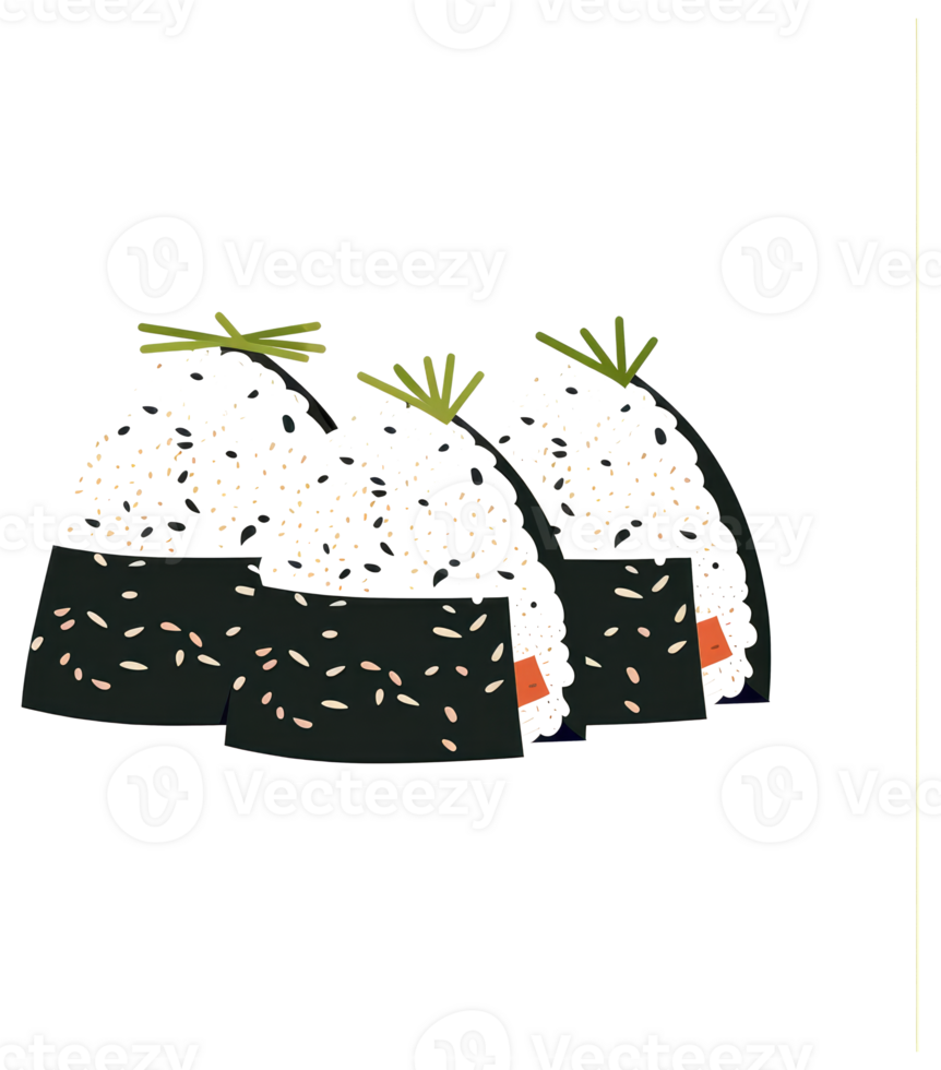 Three triangular shaped rice balls are arranged together closely png