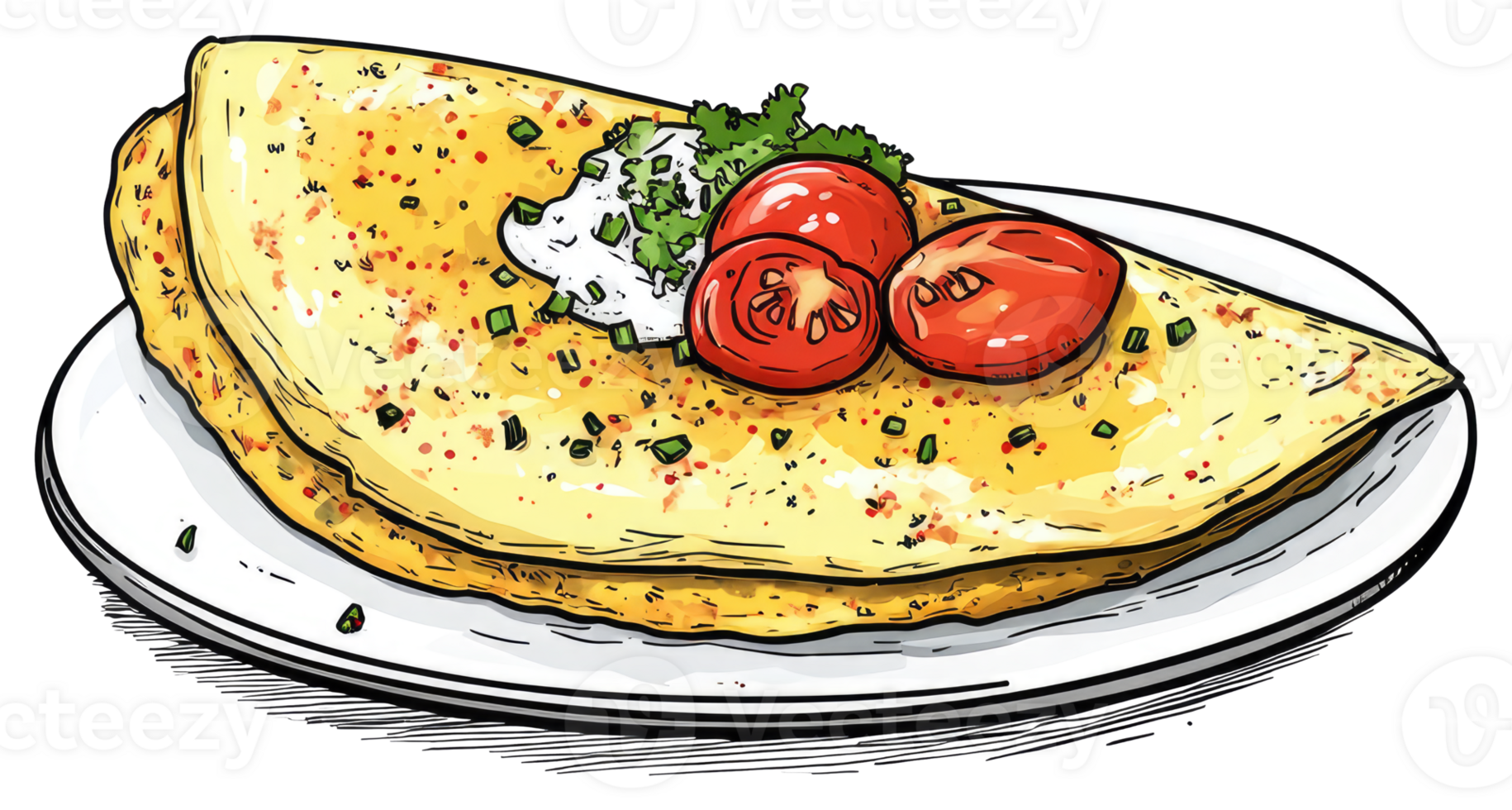 A cooked omelet with tomatoes and toppings on a plate png