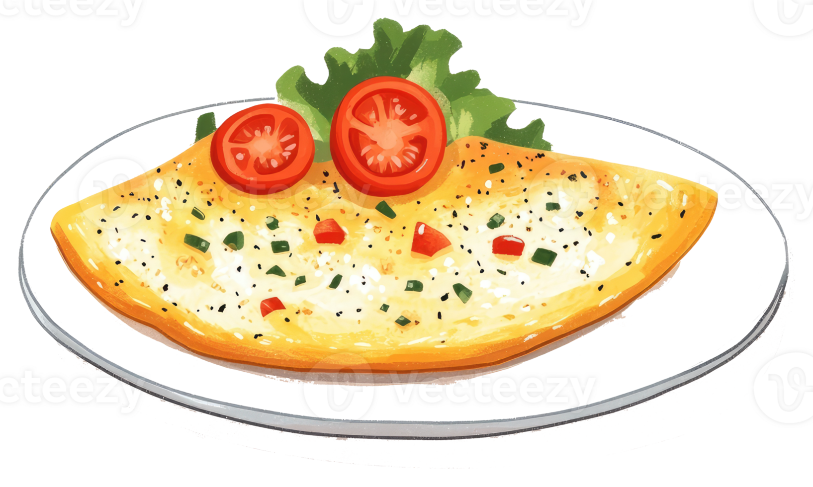 A delicious omelet served on a plate with fresh tomato and greens png